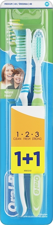 Набор зубных щеток (средняя, синяя + салатовая) - Oral-B 1 2 3 Natural Fresh 40 Medium 1 + 1 — фото N1