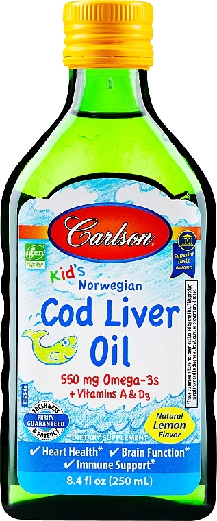 Масло печени дикой норвежской трески, натуральный лимонный вкус - Carlson Labs Kid's Cod Liver Oil Natural Lemon — фото N1