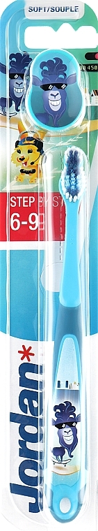 Детская зубная щетка Step by Step (6-9) мягкая, с колпачком, голубая с ослом - Jordan — фото N1