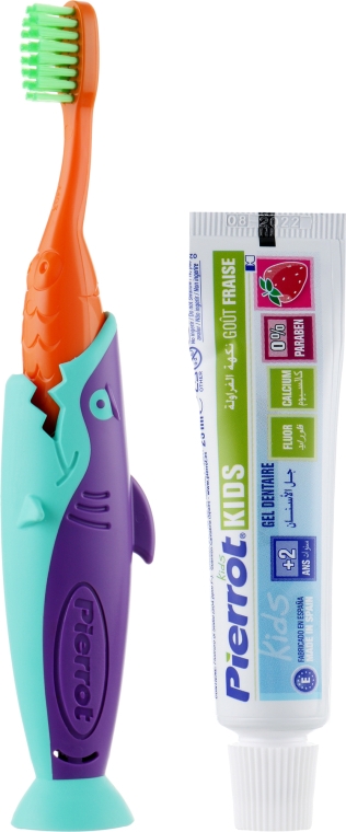 Набор детский "Акула", оранжевый + фиолетовый + бирюзовый + чехол зеленый - Pierrot Kids Sharky Dental Kit (tbrsh/1шт. + tgel/25ml + press/1шт.) — фото N2