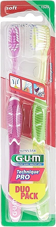 Зубная щетка, мягкая "Technique Pro", салатовая/пурпурная - G.U.M Duo Pack Soft Toothbrush  — фото N1