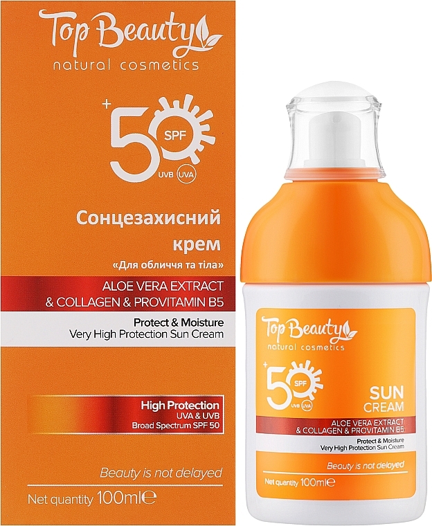 Крем для обличчя та тіла з алоє вера та колагеном - Top Beauty Sun Cream For Face And Body Aloe Vera Extract & Collagen SPF 50  — фото N2