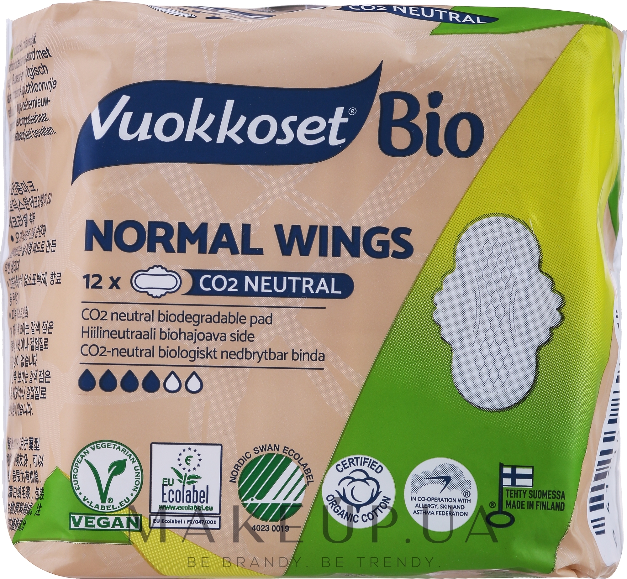 Прокладки гигиенические с крылышками, 12шт - Vuokkoset 100% Bio Normal Wings — фото 12шт