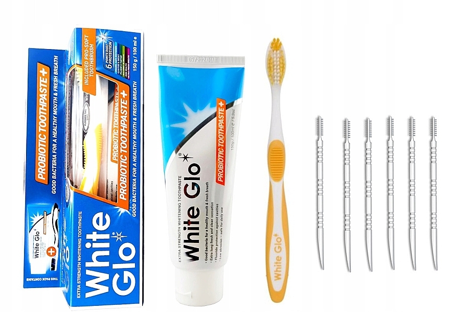 Набір із біло-помаранчевою щіткою - White Glo Probiotic Set (t/paste/100ml + t/brush/1pc + dental/flosser) — фото N1