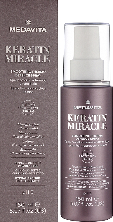 Розгладжувальний термозахисний спрей для волосся - Medavita Keratin Miracle Smoothing Thermo Defence Spray — фото N2