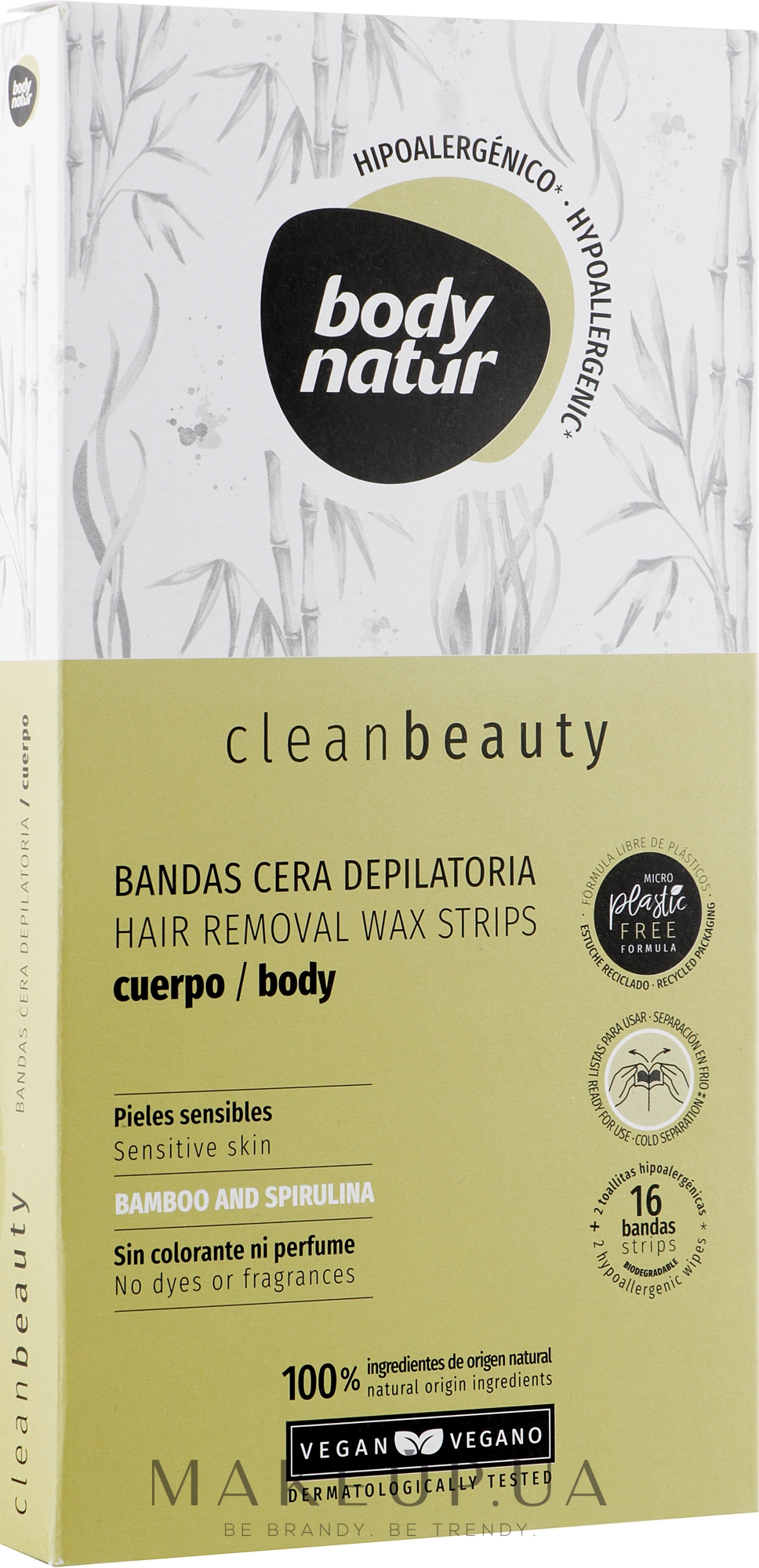 Воскові смужки для депіляції тіла - Body Natur Wax Strips for Body Sensitive Skin Bamboo And Spirulina — фото 16шт