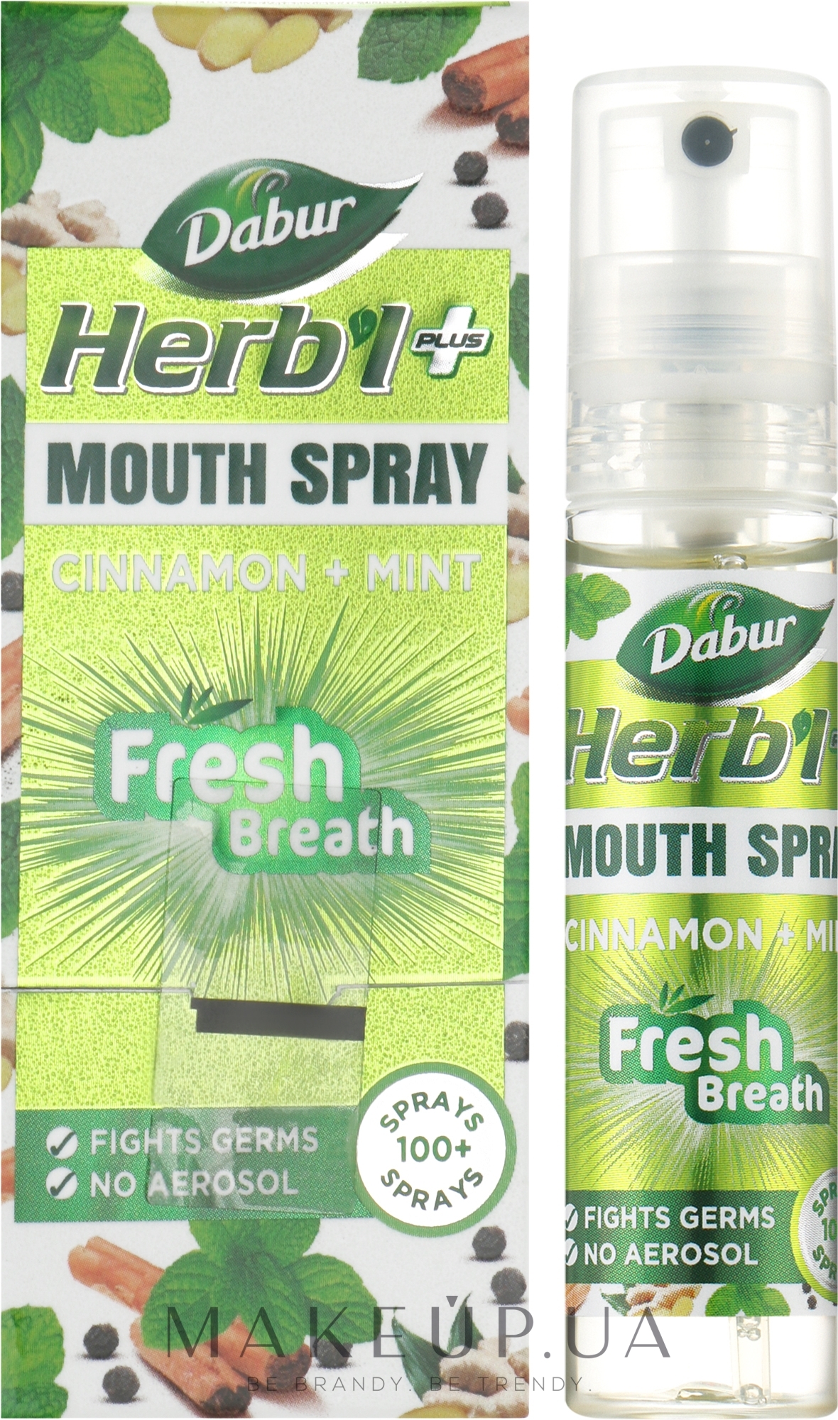 Спрей для порожнини рота - Dabur Herb'l Plus Fresh Breath Cinnamon+Mint Mouth Spray — фото 10ml