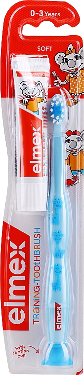 Детская зубная щетка мягкая (0-3 лет), синяя с мишками - Elmex Learn Toothbrush Soft + Toothpaste 12ml — фото N1