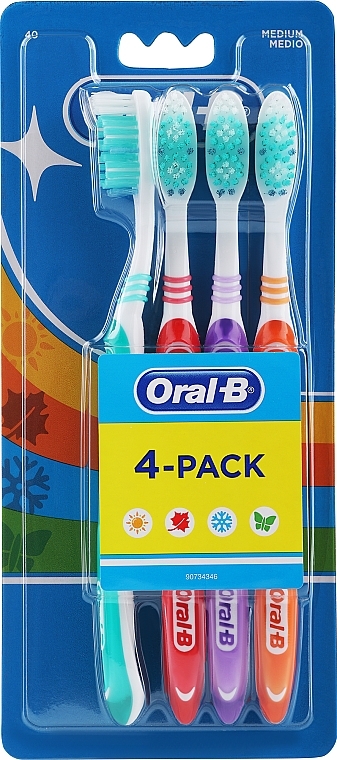 Набор зубных щеток Shiny Clean, средней жесткости, 4 шт, бирюзовая + красная + фиолетовая + оранжевая - Oral-B 1 2 3 Classic Medium — фото N1