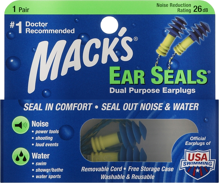 Беруши мягкие #11, защита от воды и шума, до 27 Дб, зі знімним шнуром - Mack's Ear Seals — фото N1