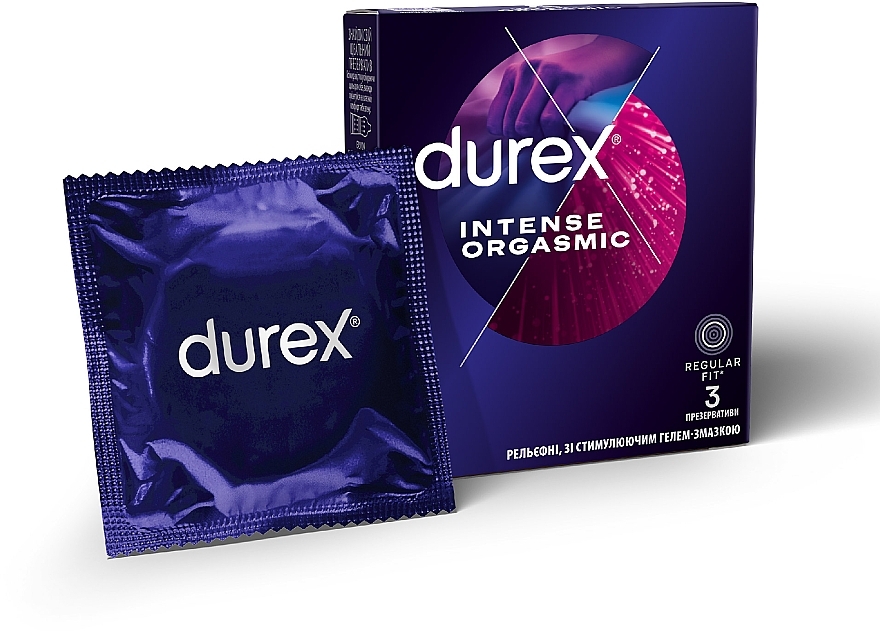 Презервативи латексні з силіконовою змазкою рельєфні, зі стимулюючим гелем-змазкою, 3 шт - Durex Intense Orgasmic — фото N1