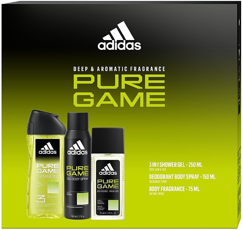 Adidas Pure Game - Набор (b/spray/150ml + deo/spray/75ml + sh/gel/250ml) — фото N1
