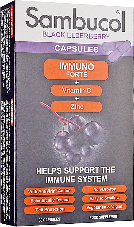 Капсули для імунітету "Чорна бузина + вітамін С + цинк" - Sambucol Immuno Forte — фото N1