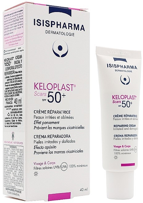 Захисний відновлювальний крем проти шрамів SPF 50+ для подразненої та пошкодженої шкіри - Isispharma Keloplast Scars SPF 50+ Repairing Cream — фото N1