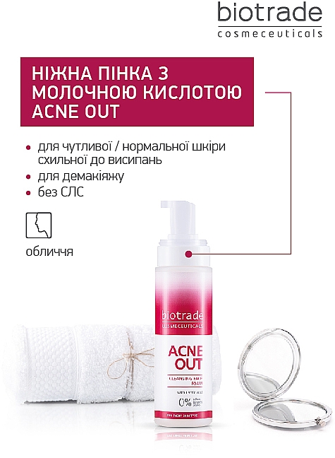 Ніжна очищувальна піна з молочною кислотою у тревел форматі - Biotrade Acne Out Cleansing Face Foam (міні) — фото N3