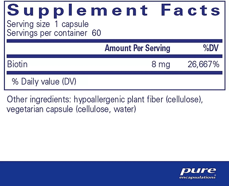 Диетическая добавка "Биотин" 8 мг, капсулы - Pure Encapsulations Biotin — фото N2