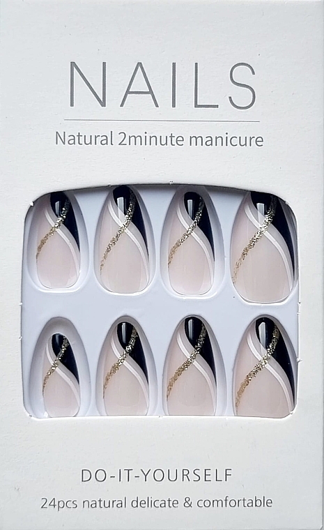 Накладные ногти с декоративным завитком черного, золотого и белого цветов, 24 шт. - Deni Carte Nails Natural 2 Minutes Manicure  — фото N1