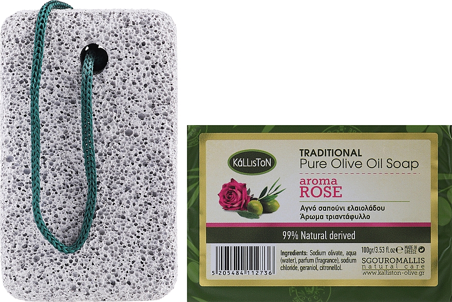 Набор, мыло с ароматом розы - Kalliston Set Soap + Pumice (soap/100g + stone/1pcs) — фото N1