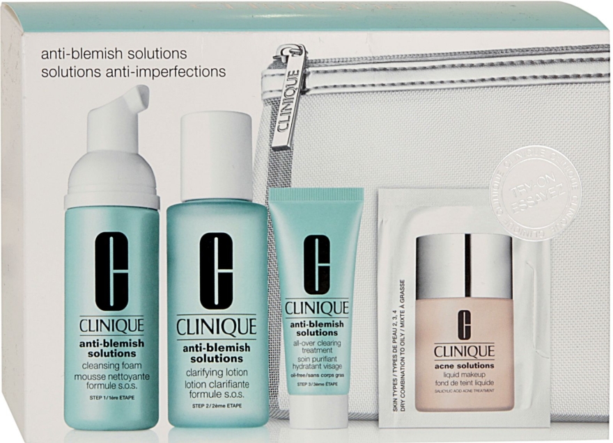 Набор - Clinique Anti-Blemish Solutions (clean/50ml + lot/60ml + clean/15ml + foundation/ 1,5 + bag)