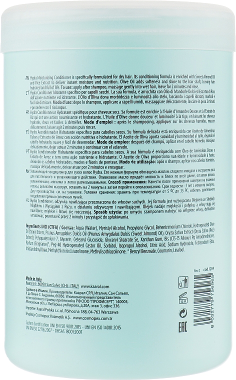 Зволожувальний крем-кондиціонер з протеїнами рисового молочка і мигдальною олією - Kaaral Purify Hydra Conditioner — фото N6