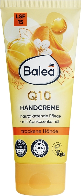 Крем для рук Q10 с маслом абрикосовых косточек и солнцезащитным фактором - Balea LSF 15 — фото N1