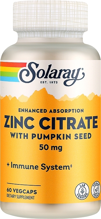 Харчова добавка "Цитрат цинку з гарбузовим насінням", 50 мг - Solaray Zinc Citrate With Pumpkin Seed 50 mg — фото N1