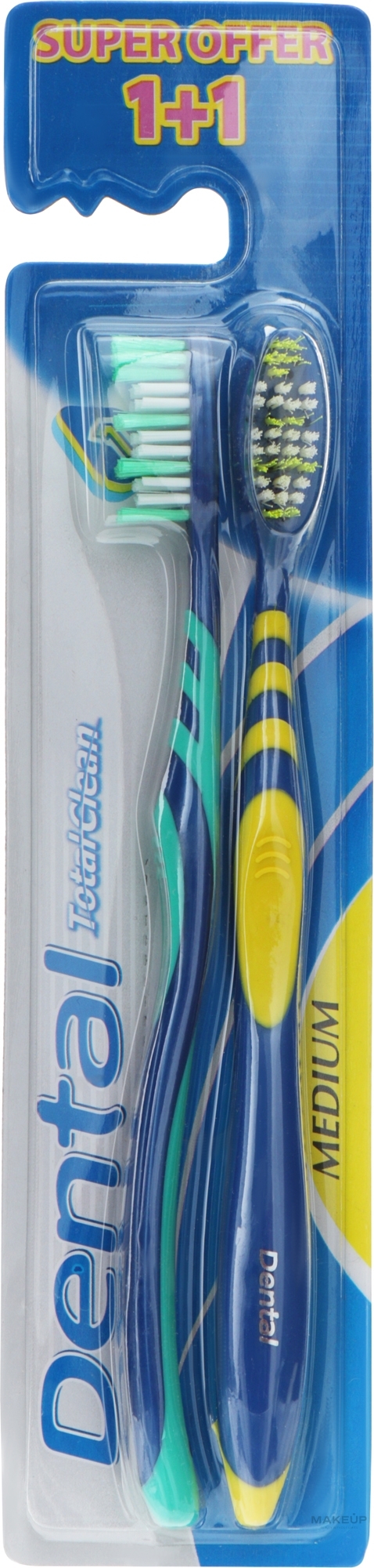 Зубная щетка "Total Clean", средняя 1+1, бирюзовая + желтая - Dental Toothbrus — фото 2шт