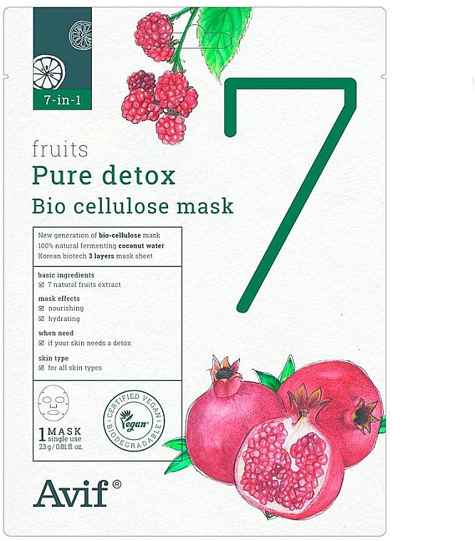 Биоцеллюлозная детокс-маска для лица - Avif 7-in-1 Fruits Pure Detox Bio Cellulose Mask — фото N1