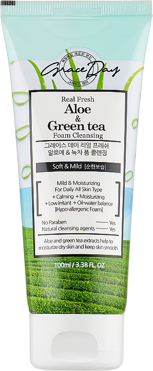 Пінка для вмивання обличчя з екстрактами алое вера й зеленого чаю - Grace Day Real Fresh Aloe Green-Tea Foam Cleanser — фото N1