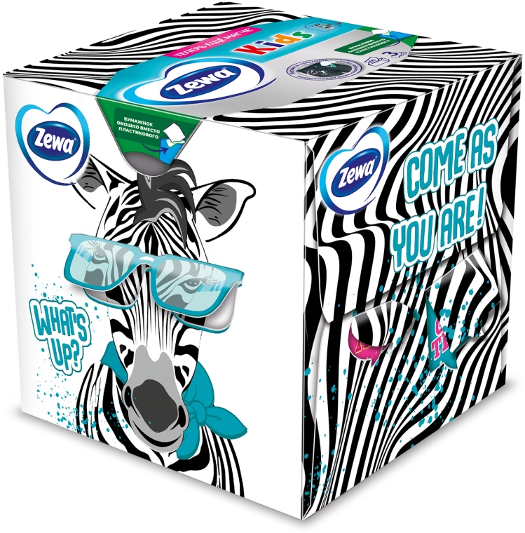 Серветки косметичні тришарові "Kids", зебра, 60 шт. - Zewa Kids 3D Box — фото N1
