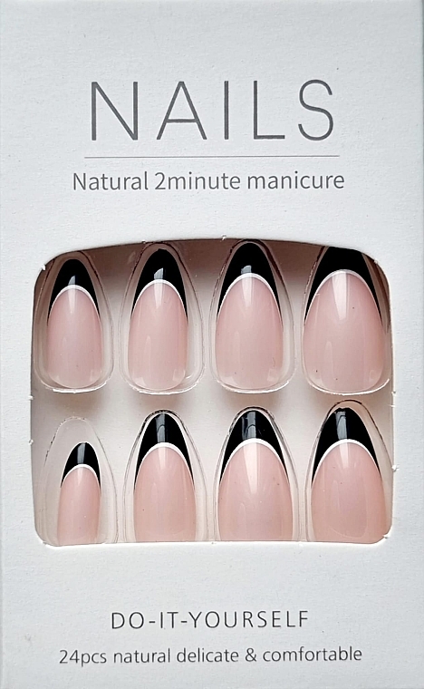 Накладні нігті з декоративним французьким мотивом чорного кольору з білим акцентом, 24 шт. - Deni Carte Nails Natural 2 Minutes Manicure — фото N1