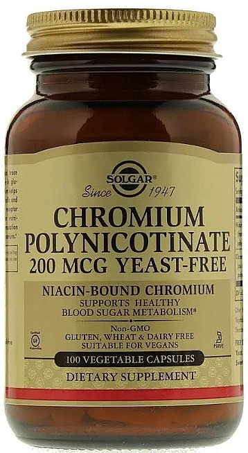 Пищевая добавка "Хром полиникотинат", без дрожжей, 200 мкг - Solgar Chromium Polynicotinate — фото N1