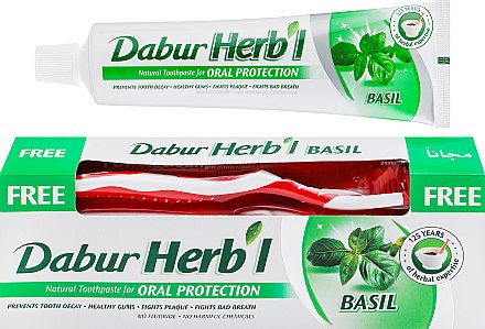 Набір "Basil", червоний - Dabur Herb`l (toothbrush/1 шт. + toothpaste/150g) — фото N1