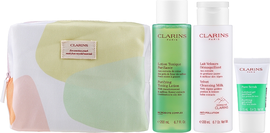 Набір - Clarins Cleansing Bag Combination & Oily Skin (cl milk/200ml + f/lot/200ml + f/scr/15ml + bag/1pc) — фото N2