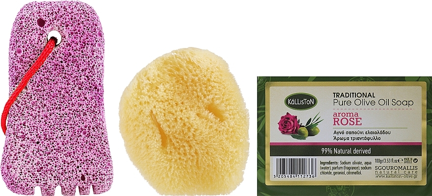 Набір, мило з ароматом троянди, рожева пенза - Kalliston (soap/100g + stone/1pcs + sponge/1pcs) — фото N1