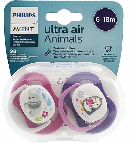 Пустышка ортодонтическая 6-18 мес, розовая и фиолетовая - Philips Avent Ultra Air Animal — фото N1