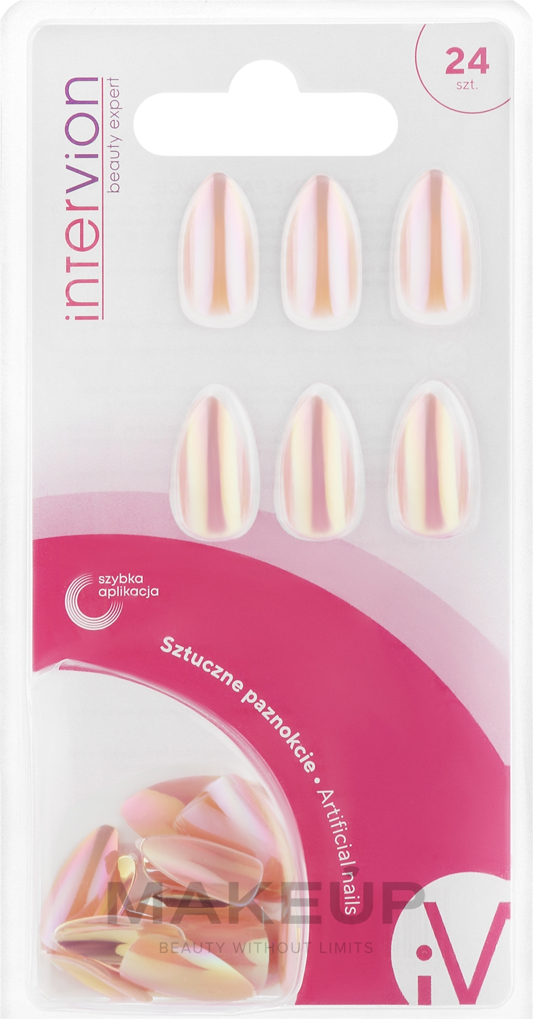 Набор накладных ногтей, Stilletto Light Pink Holo - Inter-Vion Artifical Nails — фото 24шт