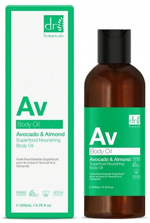 Зволожувальна олія для тіла "Авокадо та мигдаль", без дозатора - Dr. Botanicals Avocado & Almond Superfood Nourishing Body Oil — фото N1