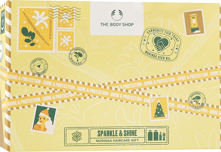 Набір - The Body Shop Sparkle & Shine Moringa Haircare Gift Christmas Gift Set (shm/250ml + cond/250ml + spray/100ml + h/brush/1pc) — фото N1