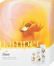 Набор - Dove Pamper Hand And Body Care Collection Gift Set (sh/gel/225ml + b/lot/250ml + h/cr/75ml) — фото N1