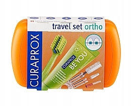 Набір дорожній ортодонтичний, помаранчевий - Curaprox Ortho Travel Set (tbr/1pc + paste/10ml + brush/3pc + bag) — фото N1