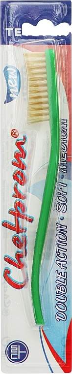 Зубная щетка с натуральной щетиной №46, салатовая - Chetprom Double Action Soft Medium — фото N1