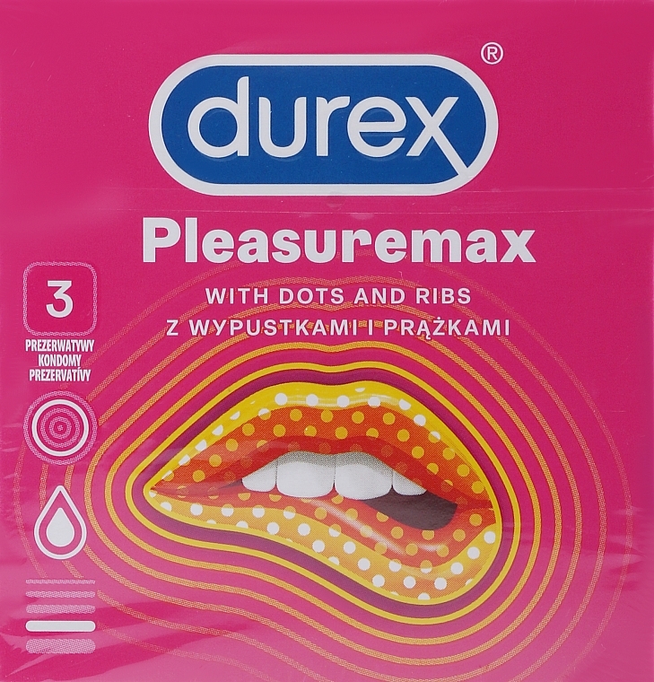 Презервативы латексные с силиконовой смазкой с ребрами и точками, 3 шт - Durex Pleasuremax