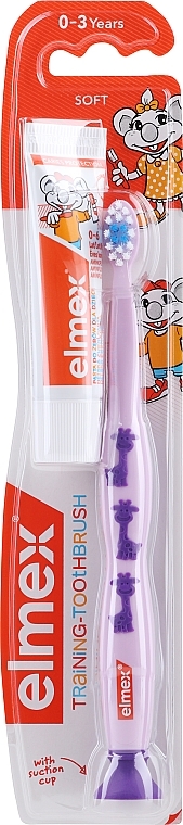 Детская зубная щетка мягкая (0-3 лет), сиреневая с жирафом - Elmex Learn Toothbrush Soft + Toothpaste 12ml — фото N1