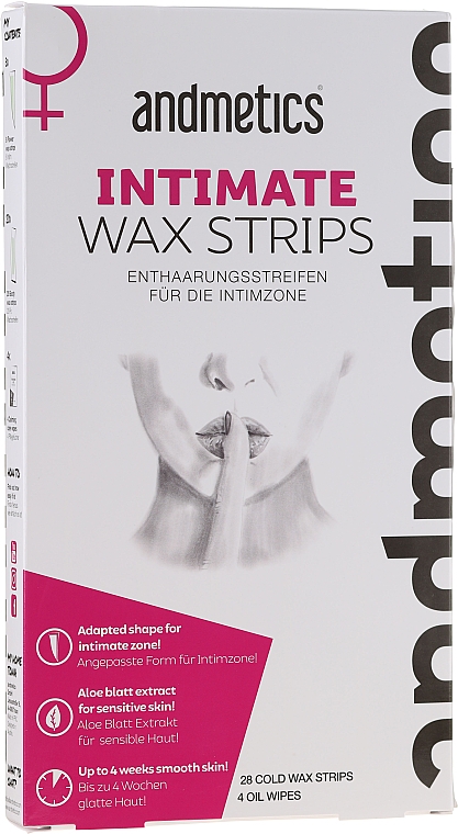 Восковые полоски для депиляции - Andmetics Intimate Wax Strips (strips/28pcs + wipes/4pcs) — фото N1