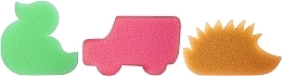 Парфумерія, косметика Набір дитячих губок для ванни, 3 шт., зелена качка + рожева машина + помаранчевий їжачок - Ewimark