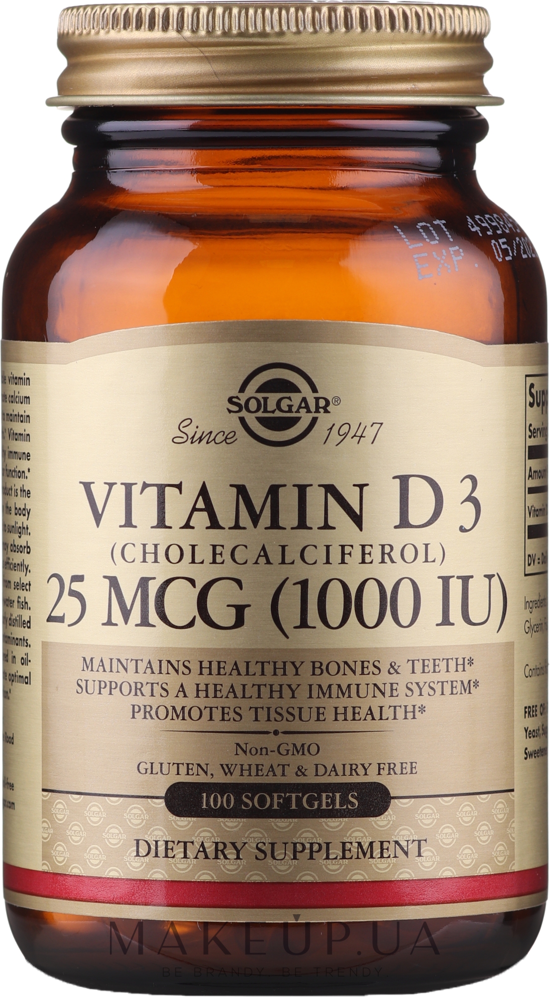 Диетическая добавка "Витамин D" - Solgar Vitamin D3 1000 IU Cholekacyferol — фото 100шт