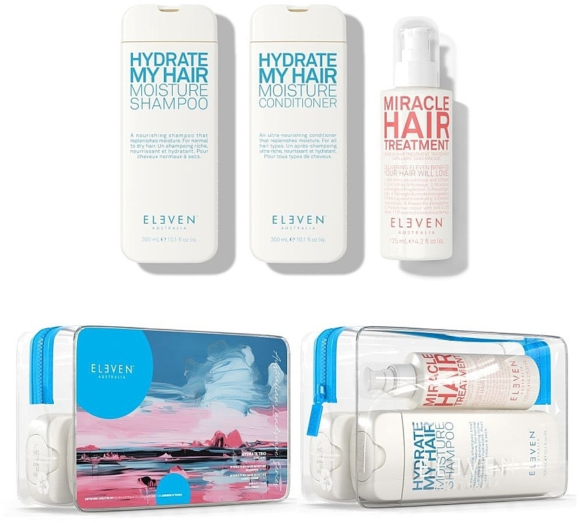 Набір - Eleven Australia Hydrate Holiday Trio (shm/300ml + cond/300ml + h/spray/125ml + bag) — фото N1