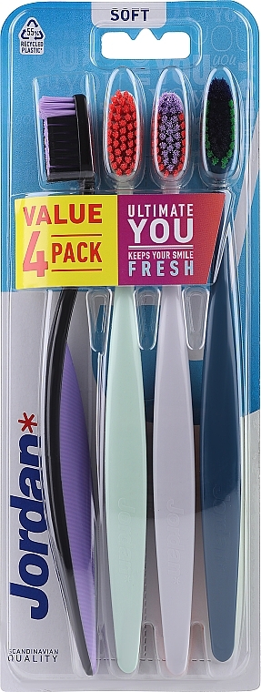 Зубная щетка мягкая, 4 шт, черно-фиолетовая + мятная + розовая + синяя - Jordan Ultimate You Soft Toothbrush — фото N1