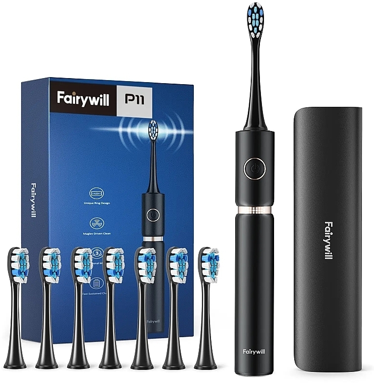 Электрическая зубная щетка, черная - Fairywill P11 Black Electric Toothbrush With 8 Bursh Heads & Travel Case — фото N1